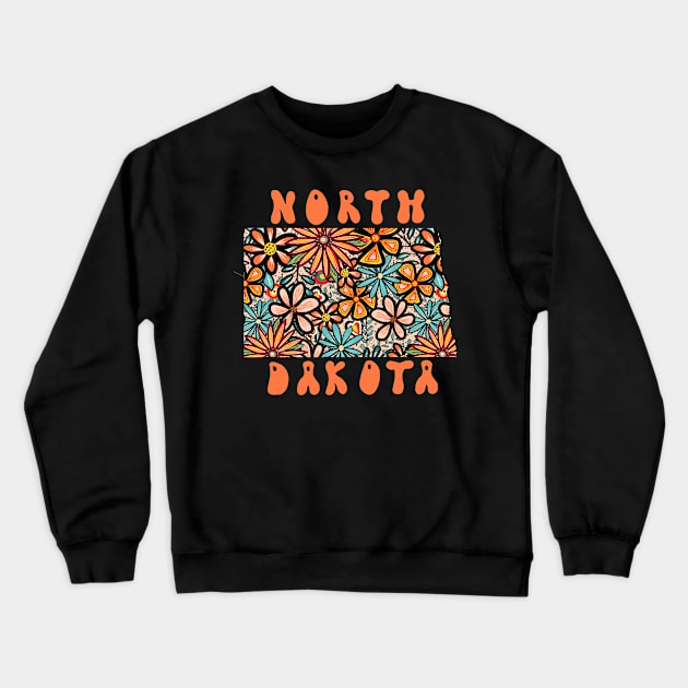 North Dakota State Design | Artist Designed Illustration Featuring North Dakota State Outline Filled With Retro Flowers with Retro Hand-Lettering Crewneck Sweatshirt by MarcyBrennanArt